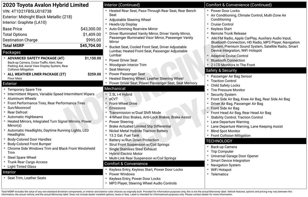 2020 Toyota Avalon Hybrid Limited