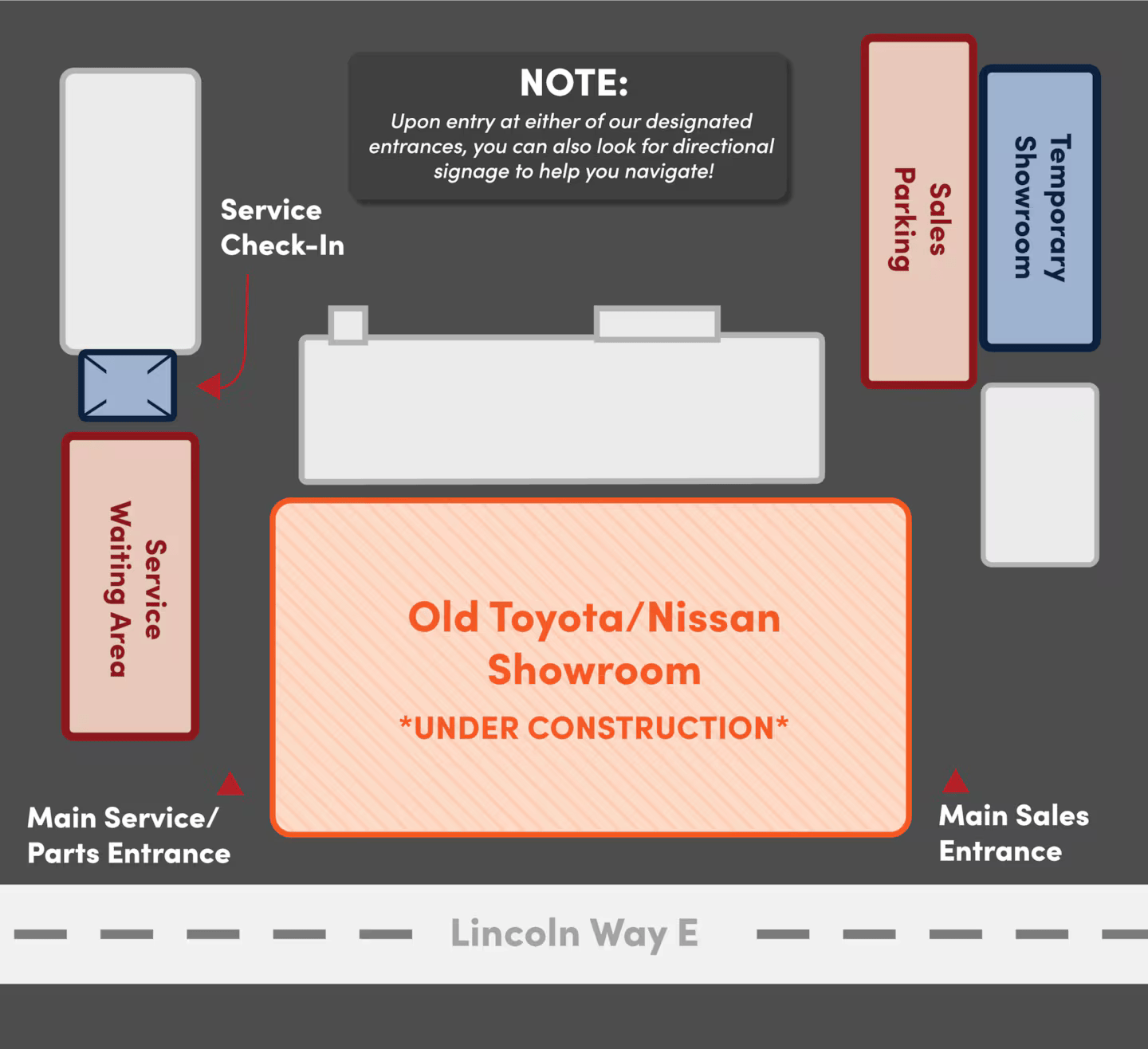 Dealership site map with construction and labeled entrances.